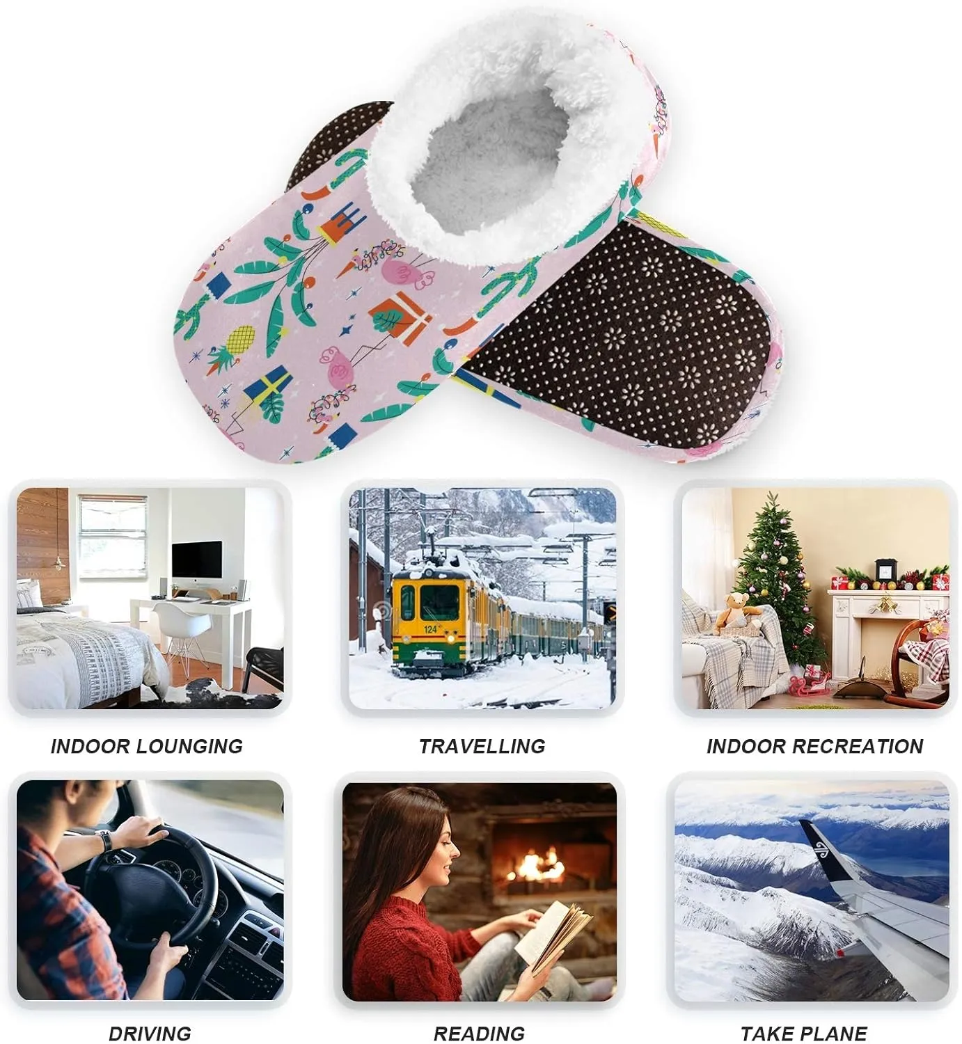 Winter House Slippers for Women/Men with Tropical Jungle Palm Leaves Element Cozy Fleece Slippers