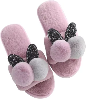 Women Cute Rabbit Ear Plush Fur Slippers Shiny Girl Cozy Bunny Slipper Non-Slip Fuzzy Indoor Bedroom