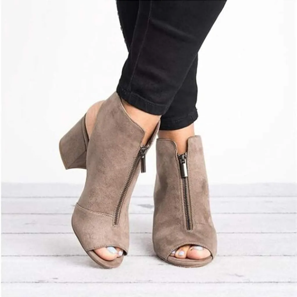 Women's Chunky Heel Peep Toe Boots Ladies Fashion Slingback Sandals Low Heeled Block Booties Summer Suede Sandals Shoes