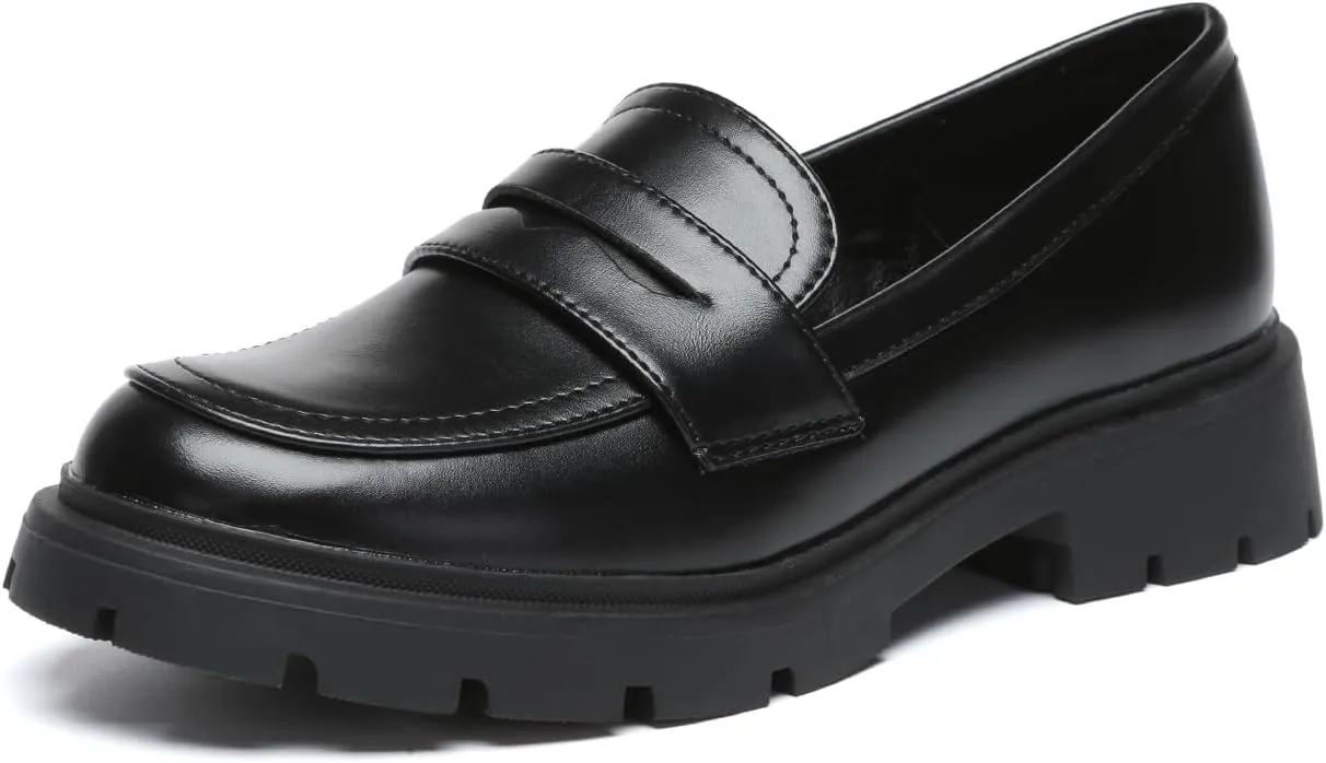 Women's Chunky Platform Loafers with Chain or Buckle Patent Leather Black Penny Loafers Fashion Office Shoes School Dress Shoes Comfort Slip-on