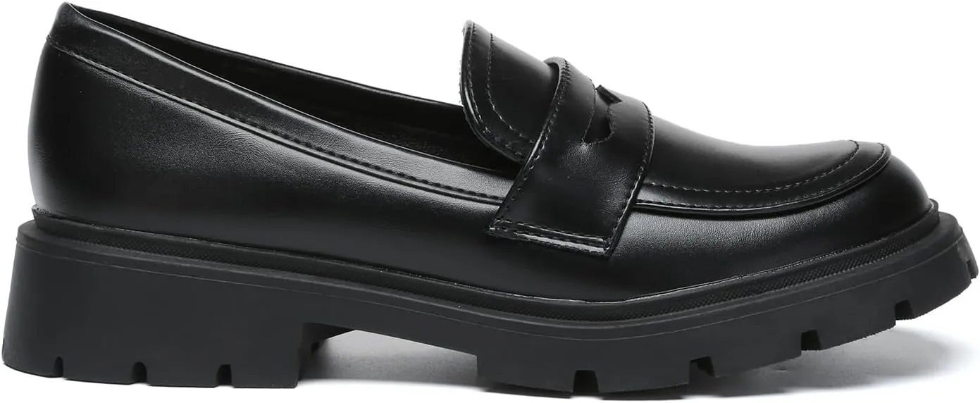 Women's Chunky Platform Loafers with Chain or Buckle Patent Leather Black Penny Loafers Fashion Office Shoes School Dress Shoes Comfort Slip-on