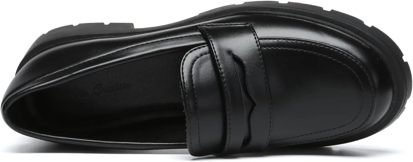 Women's Chunky Platform Loafers with Chain or Buckle Patent Leather Black Penny Loafers Fashion Office Shoes School Dress Shoes Comfort Slip-on