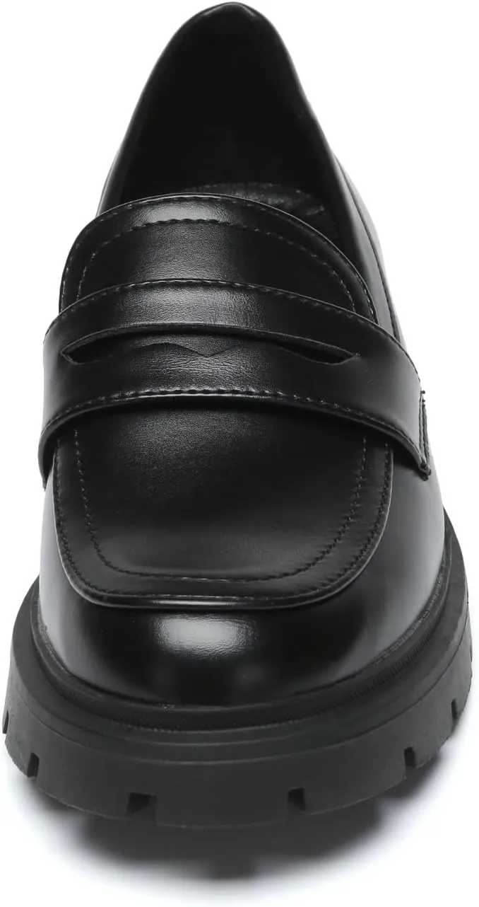 Women's Chunky Platform Loafers with Chain or Buckle Patent Leather Black Penny Loafers Fashion Office Shoes School Dress Shoes Comfort Slip-on
