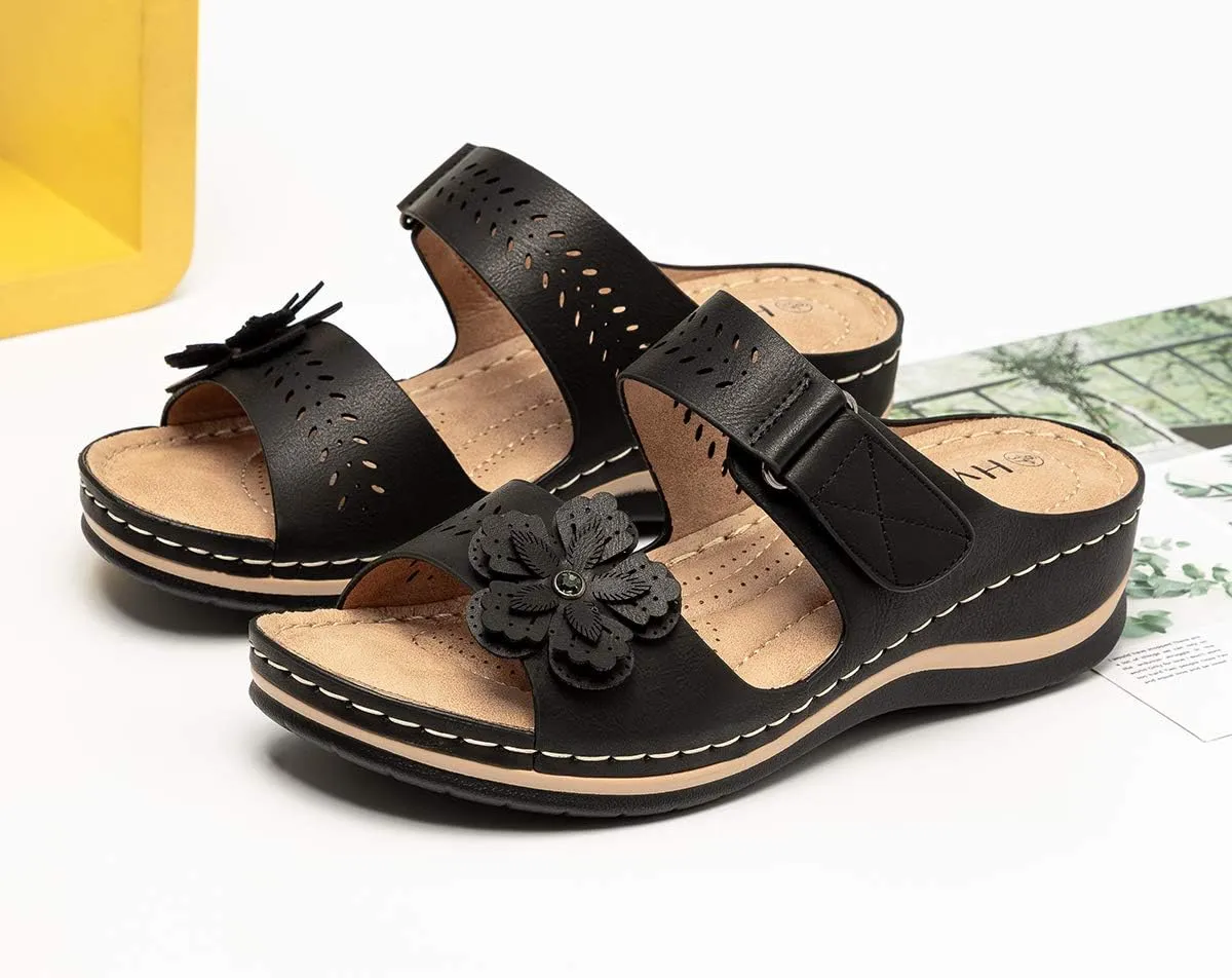 Women's Comfortable Platform Wedges Hook&Loop Adjustable Strappy Flower Black Sandals -Rhinestone Rivets Ladies Indoors Or Outdoors Comfortable Brown Slides For Women