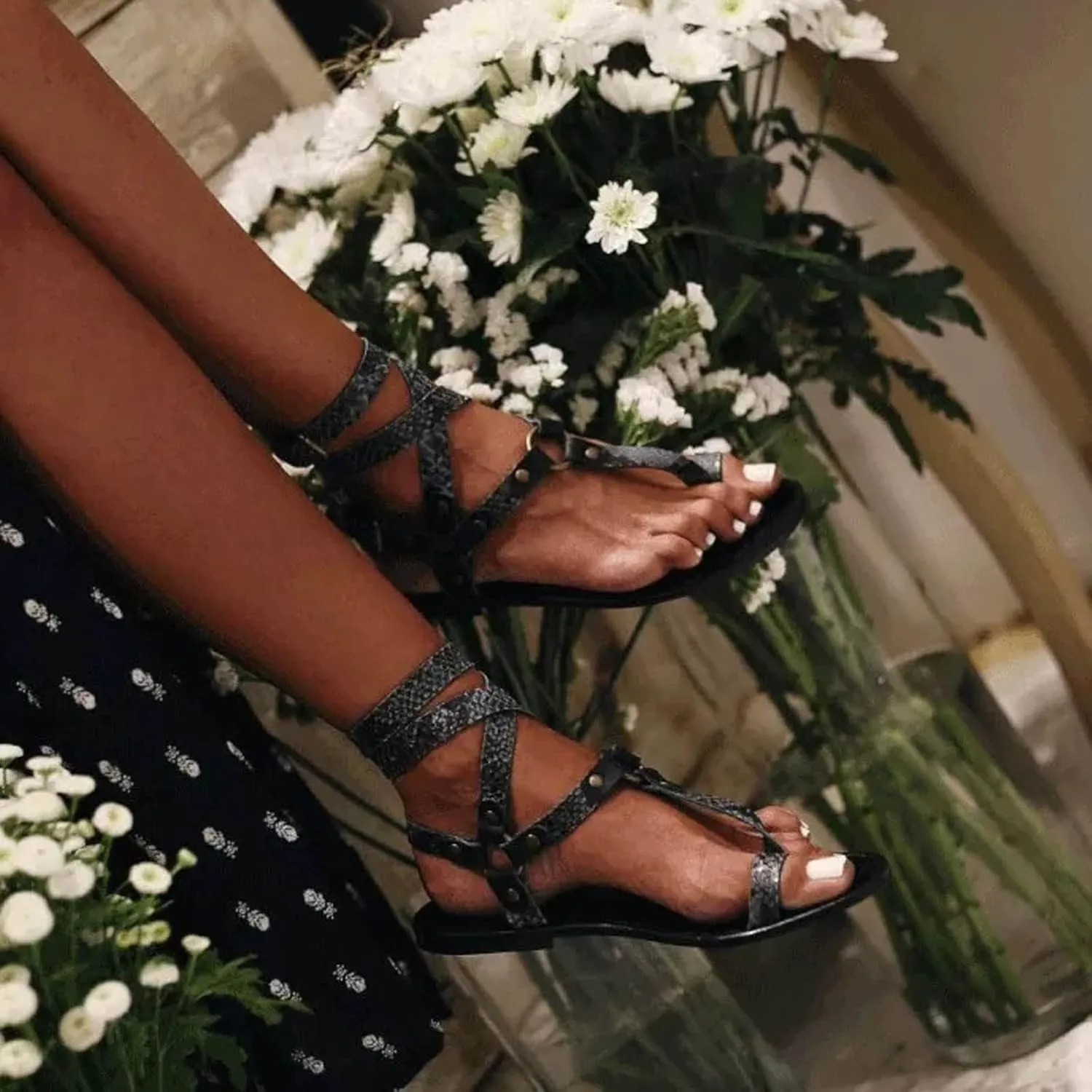 Women's Dressy Summer Comfortable Low Heels Flat Sandals Fashion Printed Open Toe Flip Flops Casual Trendy Sandal with Ankle Strap