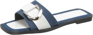 Women's Fashion Denim Flat Slide Sandals with Metal Buckle Decor Summer Square Open Toe Comfortable Slip-On Slides Beach Party Dress Slippers