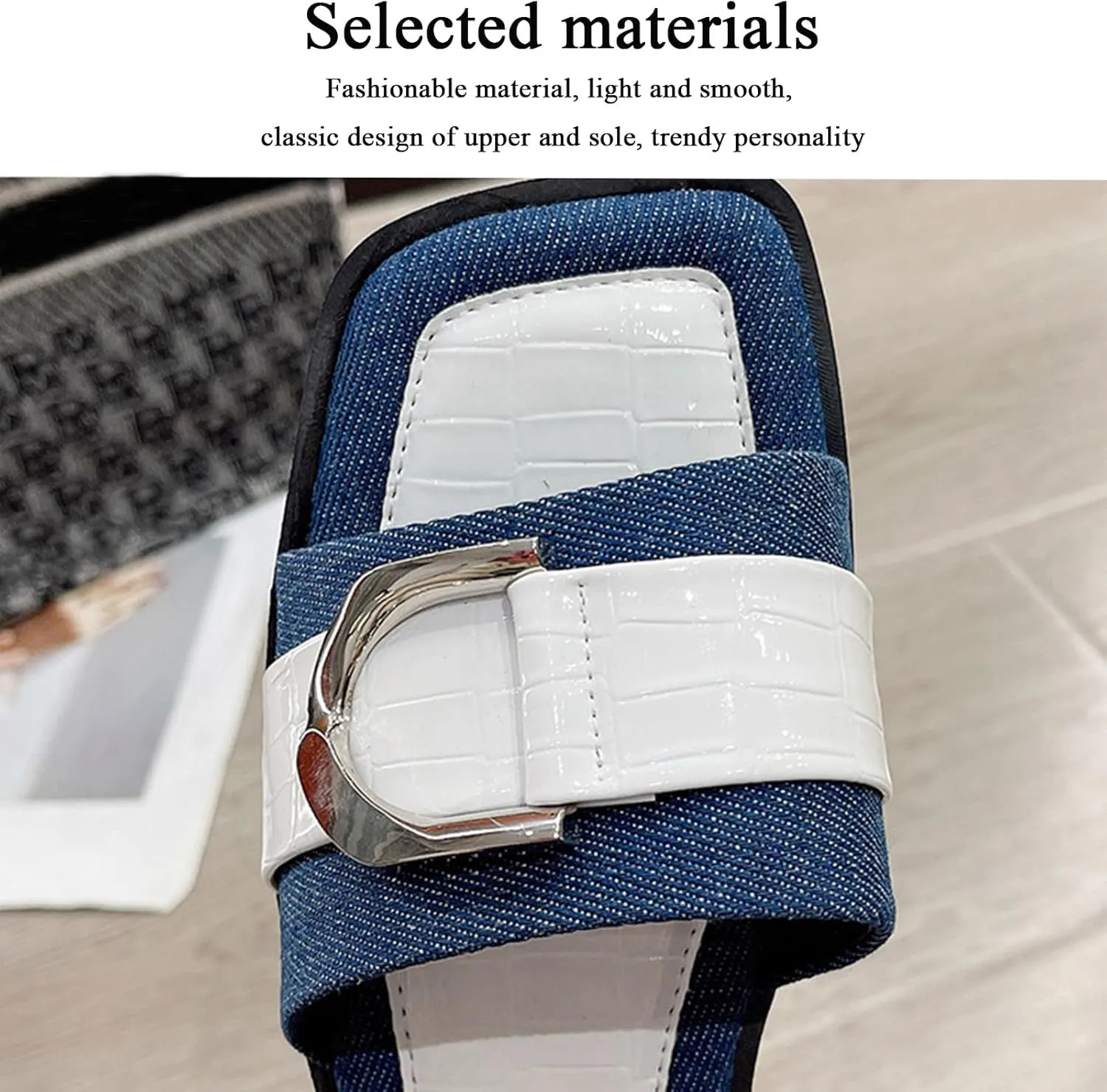 Women's Fashion Denim Flat Slide Sandals with Metal Buckle Decor Summer Square Open Toe Comfortable Slip-On Slides Beach Party Dress Slippers