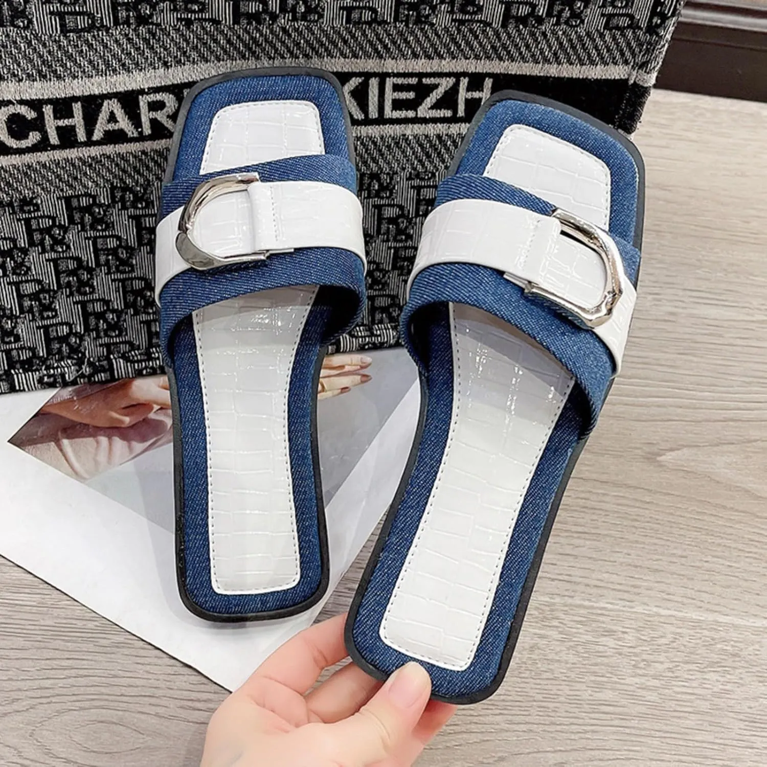Women's Fashion Denim Flat Slide Sandals with Metal Buckle Decor Summer Square Open Toe Comfortable Slip-On Slides Beach Party Dress Slippers