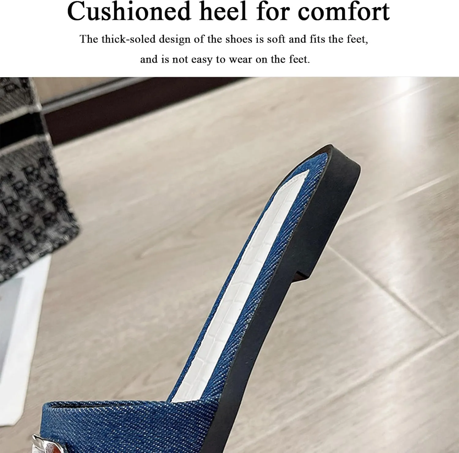 Women's Fashion Denim Flat Slide Sandals with Metal Buckle Decor Summer Square Open Toe Comfortable Slip-On Slides Beach Party Dress Slippers