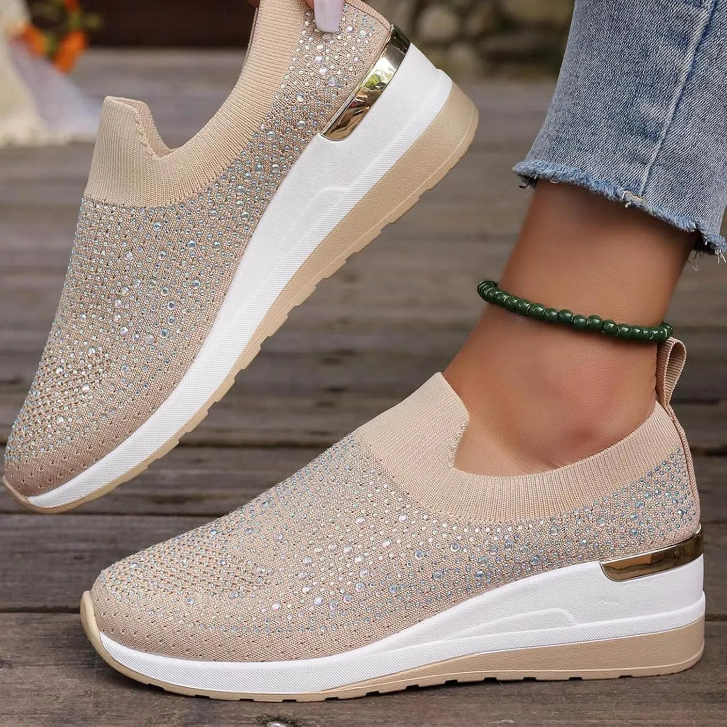 Women's Fashion Glitter Sneakers Platform Wedge Shoes Sparkly Rhinestone Mesh Slip-on Sneakers Breathable Spakle Shoes