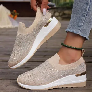 Women's Fashion Glitter Sneakers Platform Wedge Shoes Sparkly Rhinestone Mesh Slip-on Sneakers Breathable Spakle Shoes