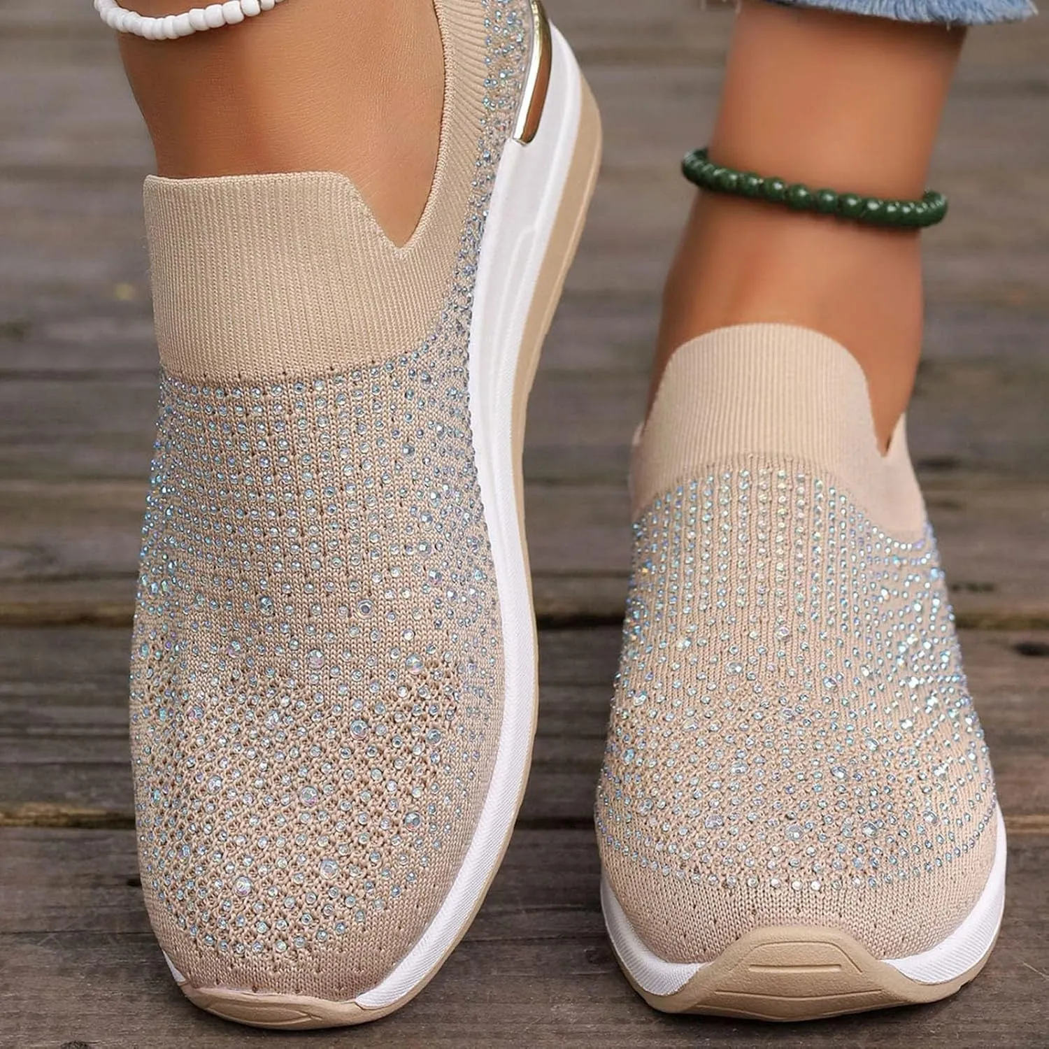 Women's Fashion Glitter Sneakers Platform Wedge Shoes Sparkly Rhinestone Mesh Slip-on Sneakers Breathable Spakle Shoes