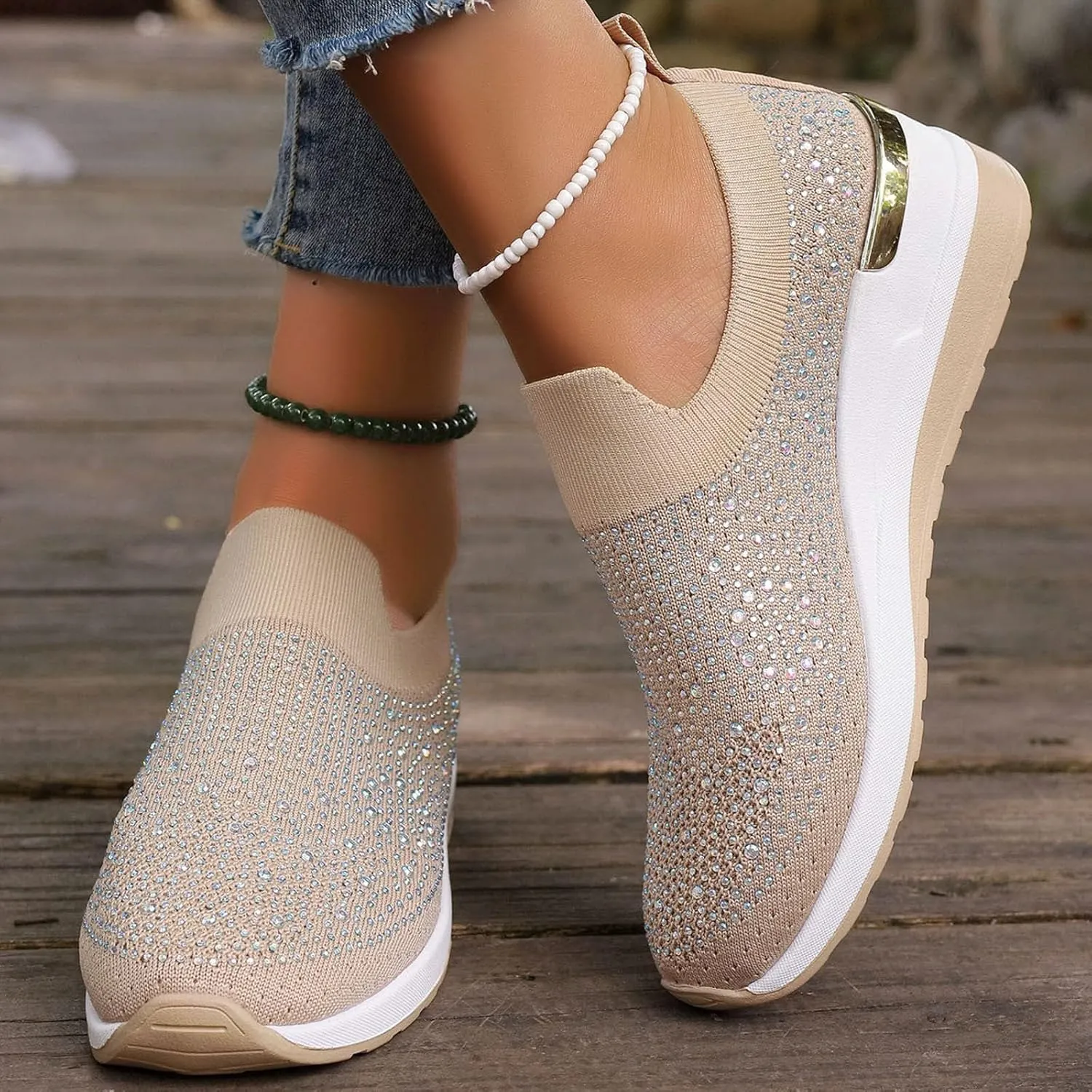 Women's Fashion Glitter Sneakers Platform Wedge Shoes Sparkly Rhinestone Mesh Slip-on Sneakers Breathable Spakle Shoes