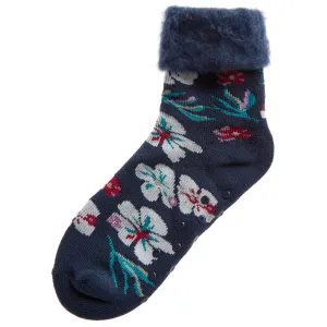 Womens Fluffy Sherpa Fleece Slipper Socks with Non Slip Grippers Blue Daisy