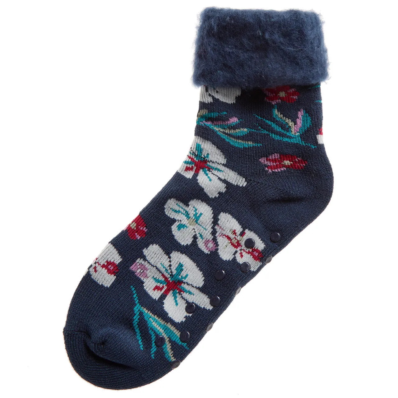 Womens Fluffy Sherpa Fleece Slipper Socks with Non Slip Grippers Blue Daisy
