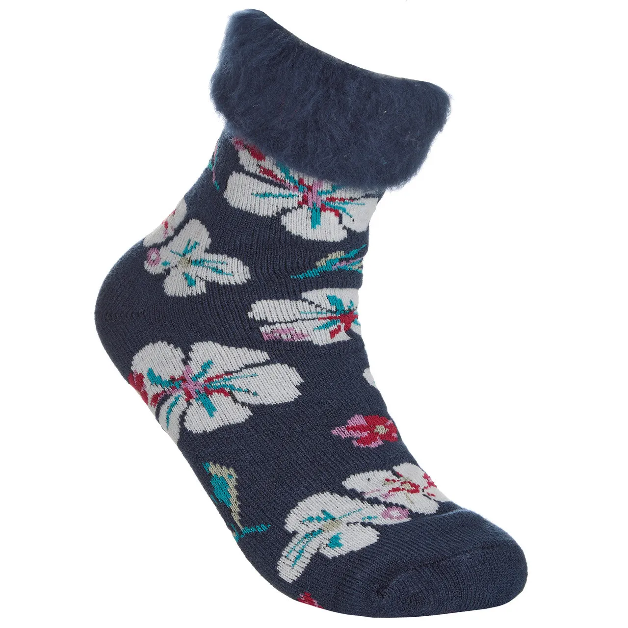 Womens Fluffy Sherpa Fleece Slipper Socks with Non Slip Grippers Blue Daisy