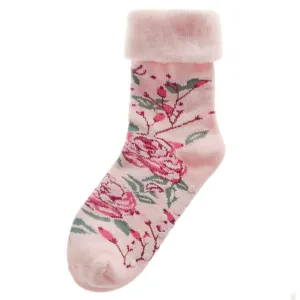 Womens Fluffy Sherpa Fleece Slipper Socks with Non Slip Grippers Pink Rose