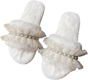 Women's Fuzzy Slippers, Sparkle Faux Pearl Rhinestone Lace Decor Slippers, Fashion Bling Flat Slip on Sandals, Open Toe Indoor House Slippers, Wedding Slipper for Bride Bridal Shower Wedding Day