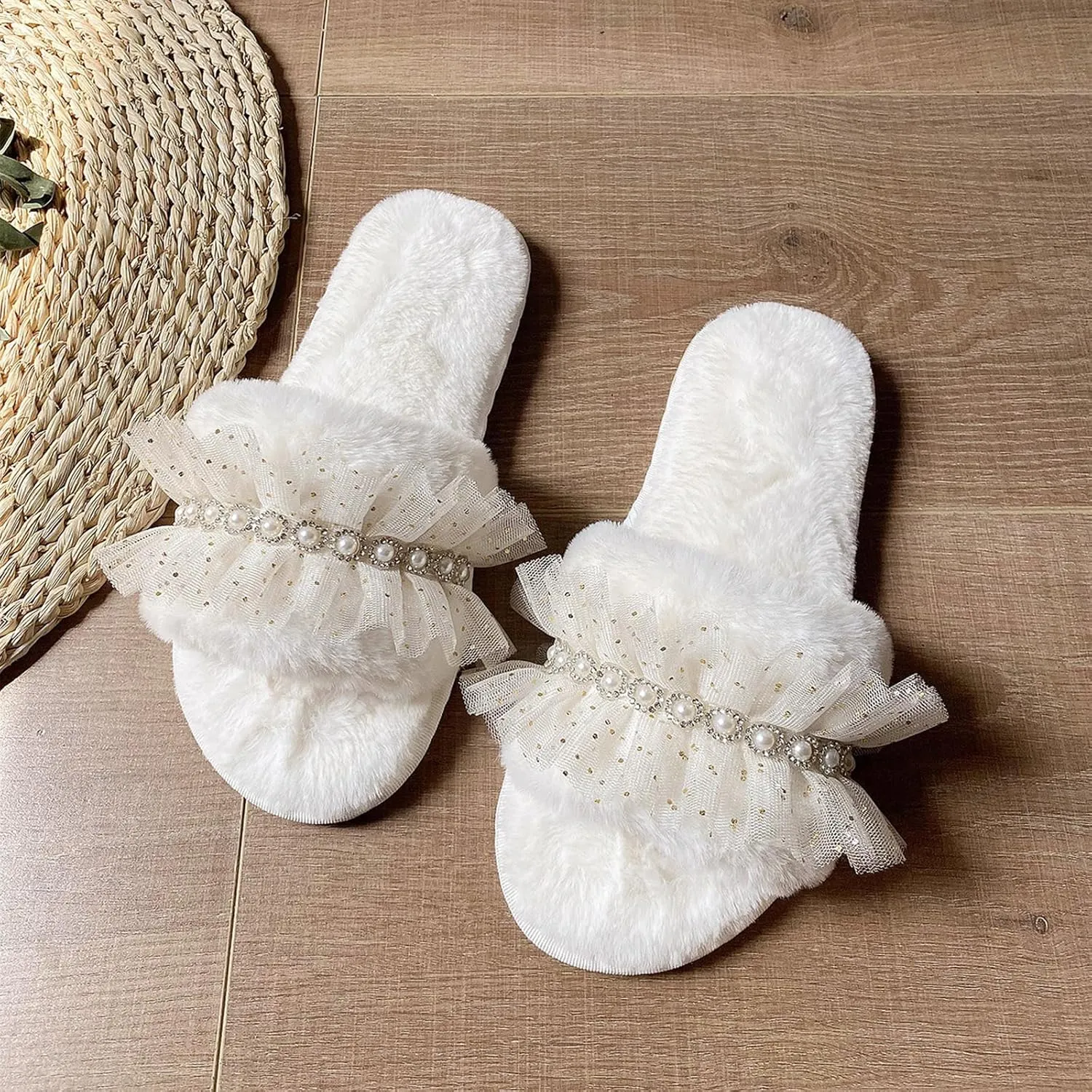 Women's Fuzzy Slippers, Sparkle Faux Pearl Rhinestone Lace Decor Slippers, Fashion Bling Flat Slip on Sandals, Open Toe Indoor House Slippers, Wedding Slipper for Bride Bridal Shower Wedding Day