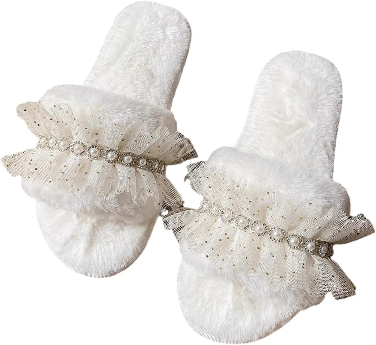 Women's Fuzzy Slippers, Sparkle Faux Pearl Rhinestone Lace Decor Slippers, Fashion Bling Flat Slip on Sandals, Open Toe Indoor House Slippers, Wedding Slipper for Bride Bridal Shower Wedding Day