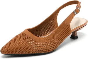 Womens Hollow Mesh Knitted Kitten Heels Slingback Work Pumps Comfortable Breathable Closed Pointed Toe Stylish Dressy Party Formal Shoes