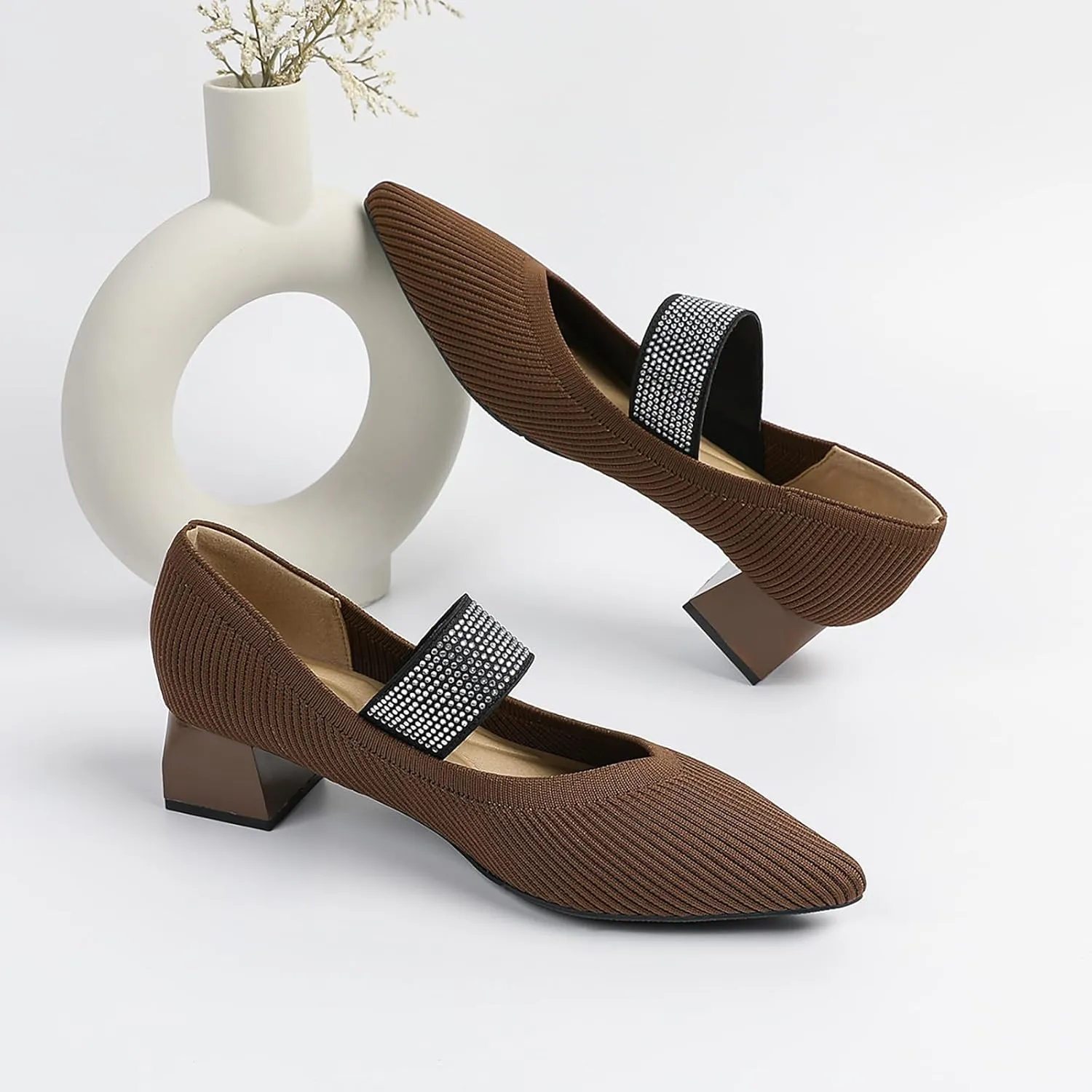 Women's Knit Stretchy Closed Pointed Toe Chunky Heel Mary Janes Fashion Comfortable Mesh Breathable Rhinestones Elastic Strap Slip-On Low Heel Dress Pumps for Work Business Leisure Walk