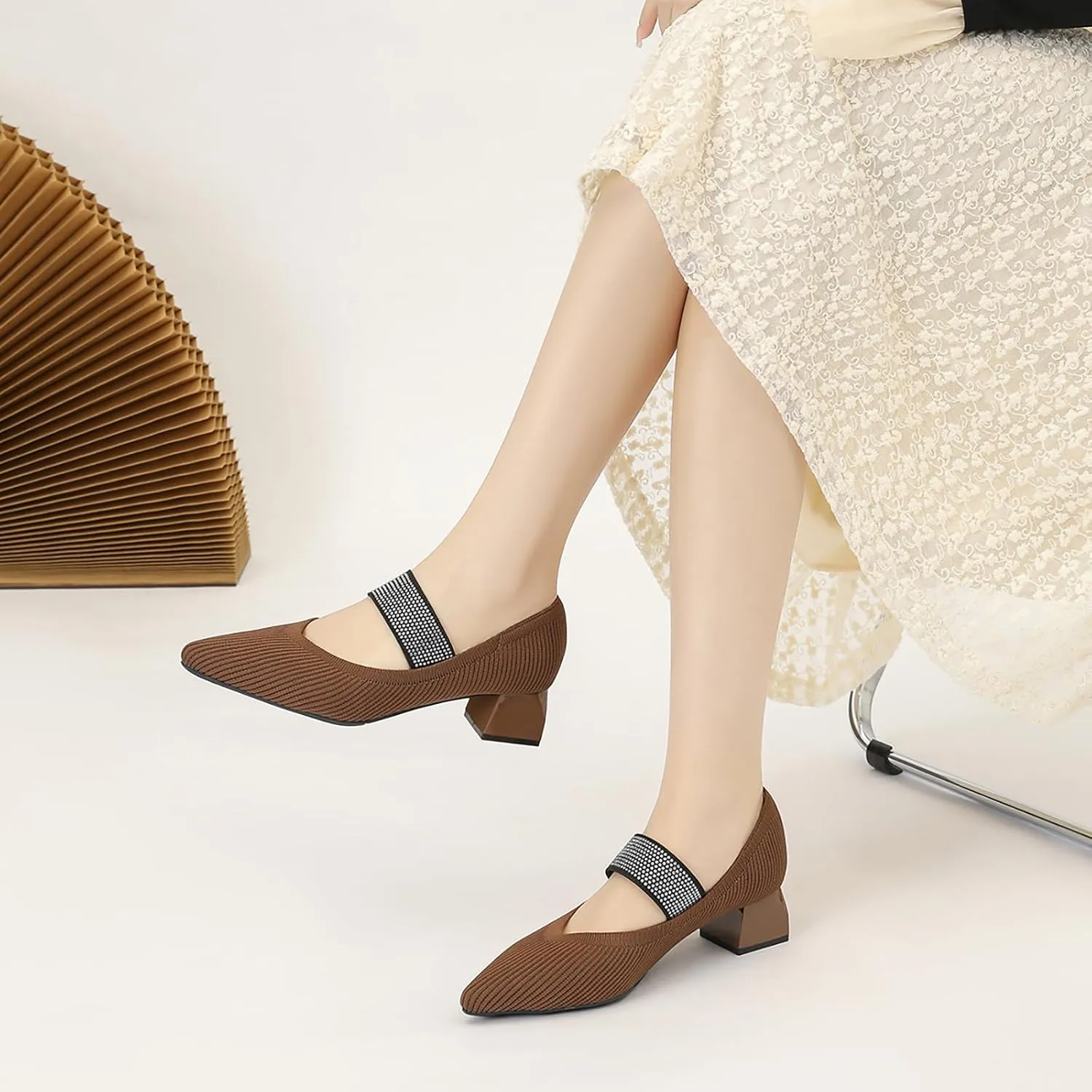 Women's Knit Stretchy Closed Pointed Toe Chunky Heel Mary Janes Fashion Comfortable Mesh Breathable Rhinestones Elastic Strap Slip-On Low Heel Dress Pumps for Work Business Leisure Walk