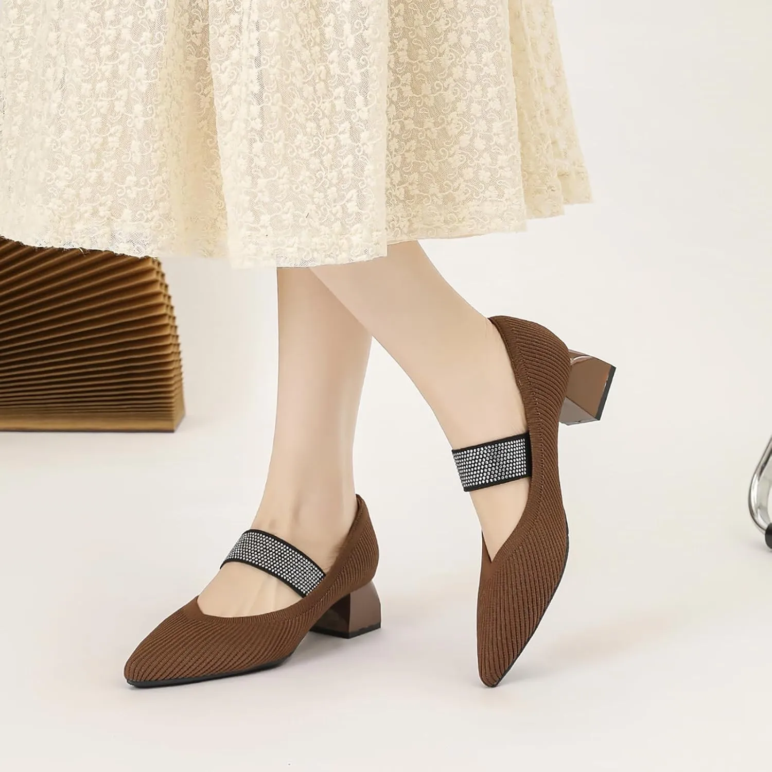 Women's Knit Stretchy Closed Pointed Toe Chunky Heel Mary Janes Fashion Comfortable Mesh Breathable Rhinestones Elastic Strap Slip-On Low Heel Dress Pumps for Work Business Leisure Walk