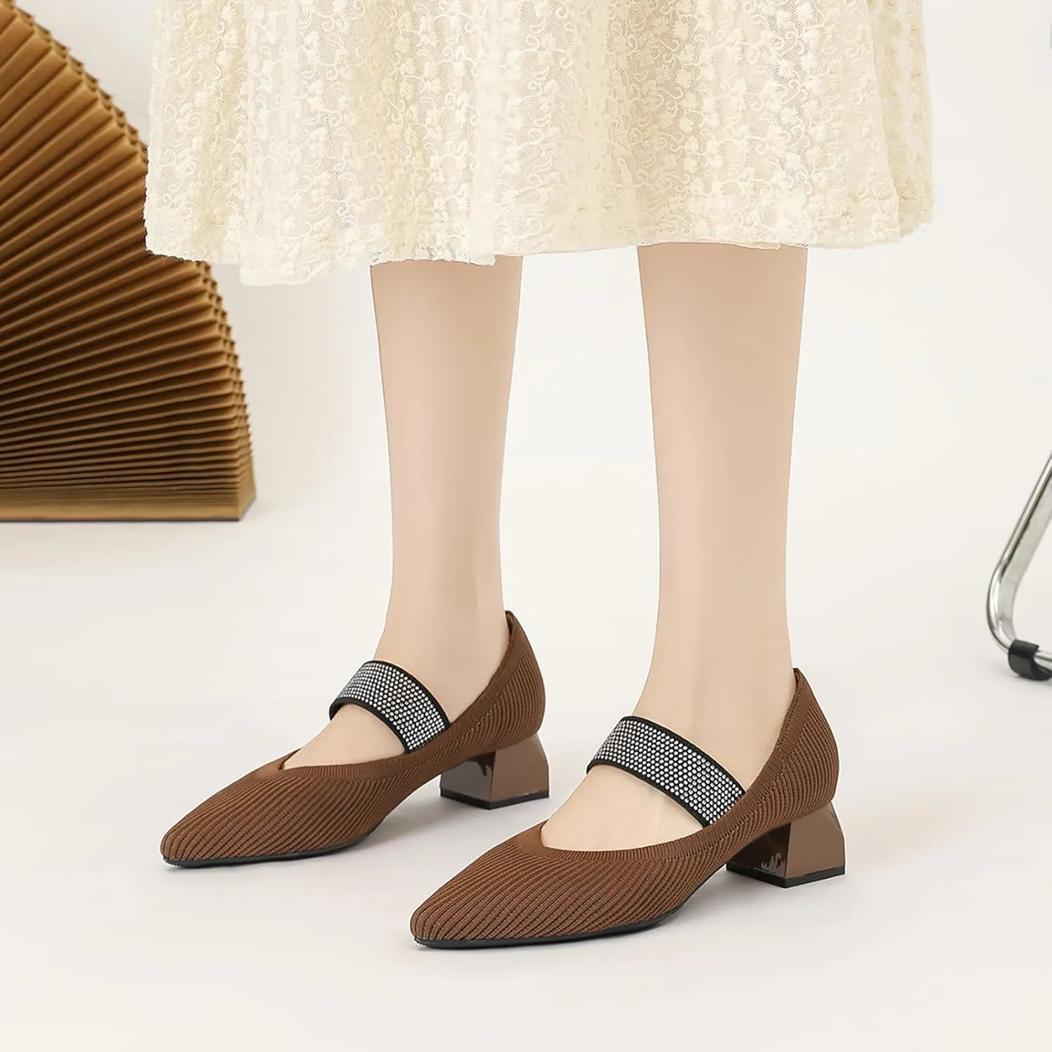 Women's Knit Stretchy Closed Pointed Toe Chunky Heel Mary Janes Fashion Comfortable Mesh Breathable Rhinestones Elastic Strap Slip-On Low Heel Dress Pumps for Work Business Leisure Walk