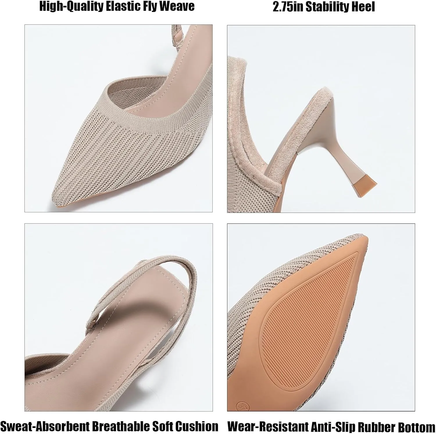 Women'S Knit Stretchy Closed Pointed Toe Kitten Heel Dress Sandals Comfort Mesh Breathable Slip-On High Heel Slingback Pumps With Elastic Ankle Strap For Business Work Wedding Prom