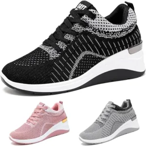 Women's Knitted Mesh Wedge Lace-up Sports Shoes with Arch Support Comfortable Heightened Thick Casual Orthopedic Walking Shoes Outdoor Non-Slip Lightweight Running Tennis Shoes