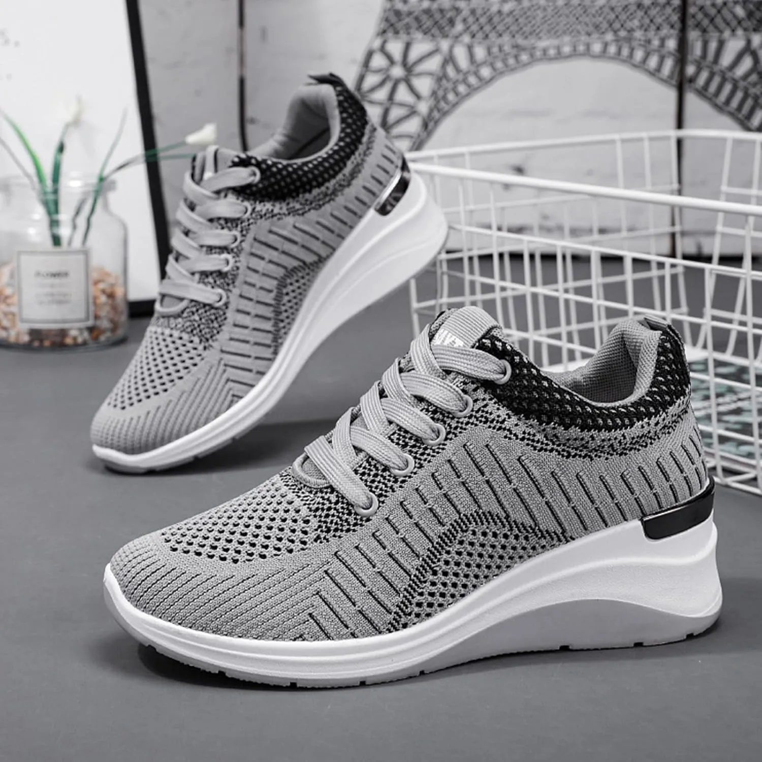 Women's Knitted Mesh Wedge Lace-up Sports Shoes with Arch Support Comfortable Heightened Thick Casual Orthopedic Walking Shoes Outdoor Non-Slip Lightweight Running Tennis Shoes