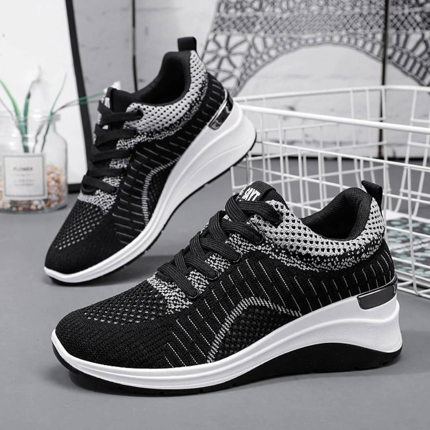 Women's Knitted Mesh Wedge Lace-up Sports Shoes with Arch Support Comfortable Heightened Thick Casual Orthopedic Walking Shoes Outdoor Non-Slip Lightweight Running Tennis Shoes