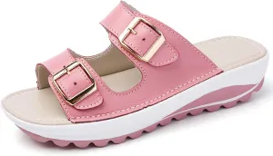 Women'S Leather Buckle Platform Sandals Breathable Round Open Toe Lug Sole Non-Slip Slip-On Walking Sandals Suitable For Beach Walks