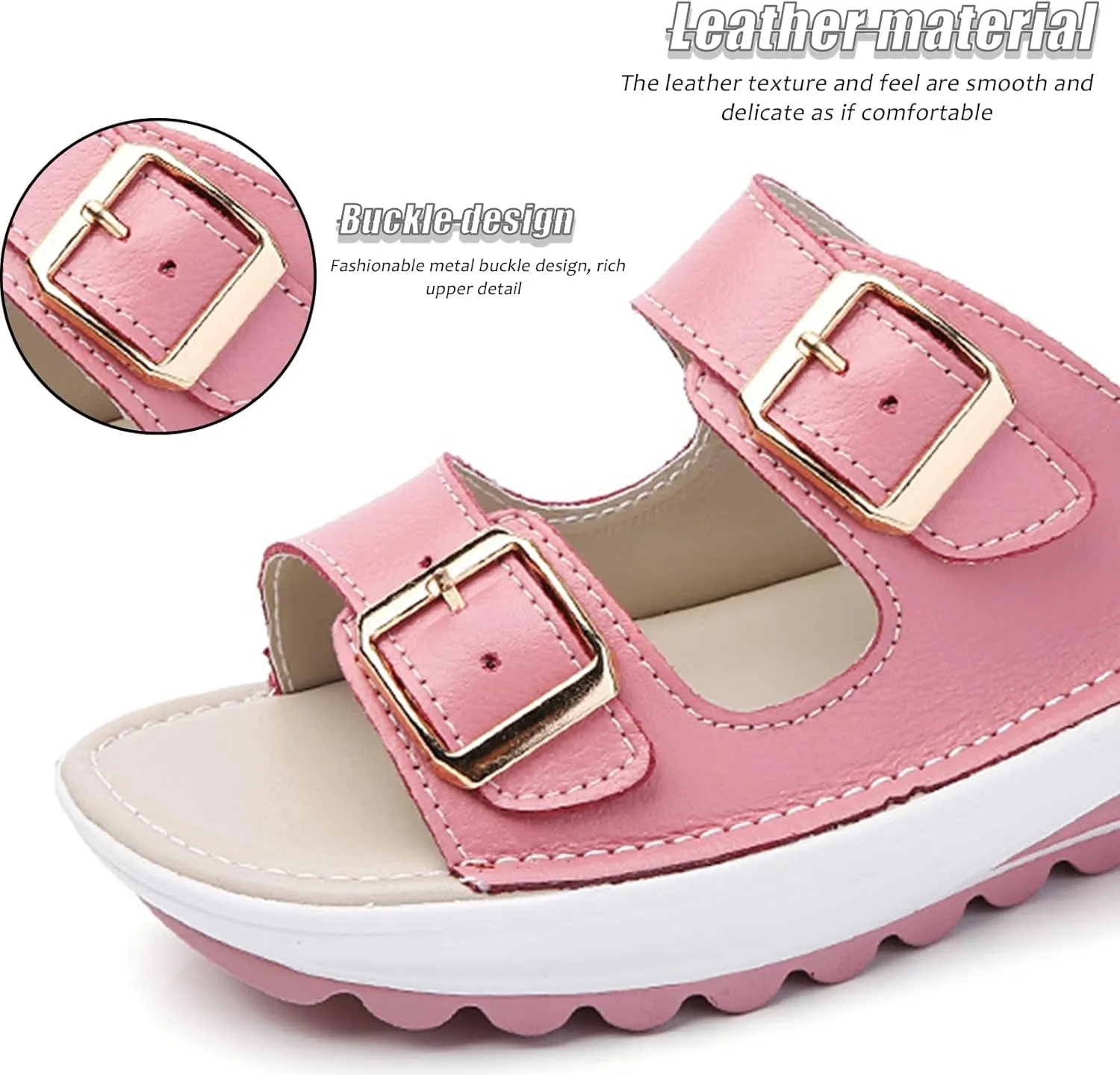 Women'S Leather Buckle Platform Sandals Breathable Round Open Toe Lug Sole Non-Slip Slip-On Walking Sandals Suitable For Beach Walks