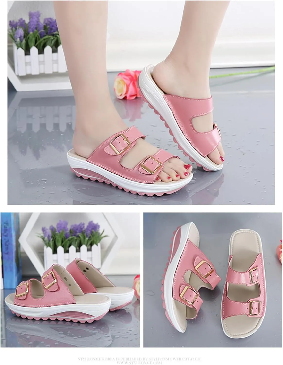 Women'S Leather Buckle Platform Sandals Breathable Round Open Toe Lug Sole Non-Slip Slip-On Walking Sandals Suitable For Beach Walks
