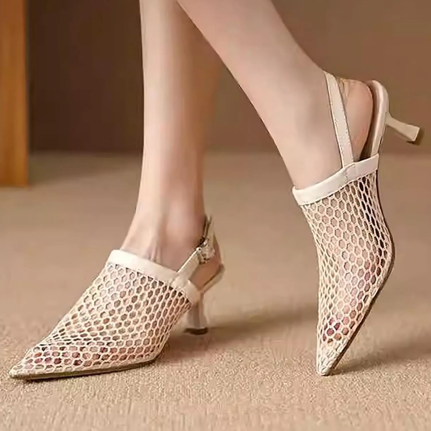 Women'S Mesh Hollow Out Kitten Heel Sandals with Adjustable Ankle Strap Sexy Closed Pointed Toe Slingback Low Heel Pumps Wedding Work Dress Shoes