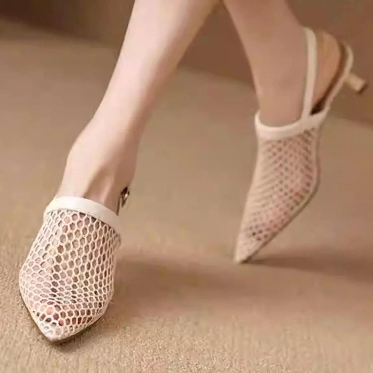 Women'S Mesh Hollow Out Kitten Heel Sandals with Adjustable Ankle Strap Sexy Closed Pointed Toe Slingback Low Heel Pumps Wedding Work Dress Shoes