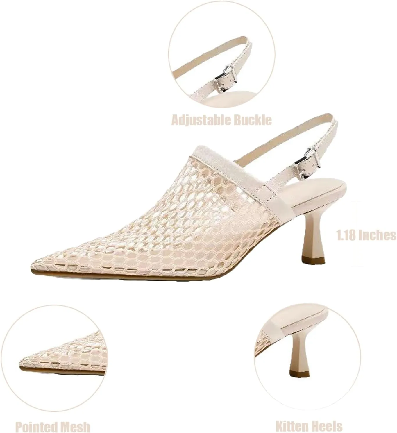Women'S Mesh Hollow Out Kitten Heel Sandals with Adjustable Ankle Strap Sexy Closed Pointed Toe Slingback Low Heel Pumps Wedding Work Dress Shoes