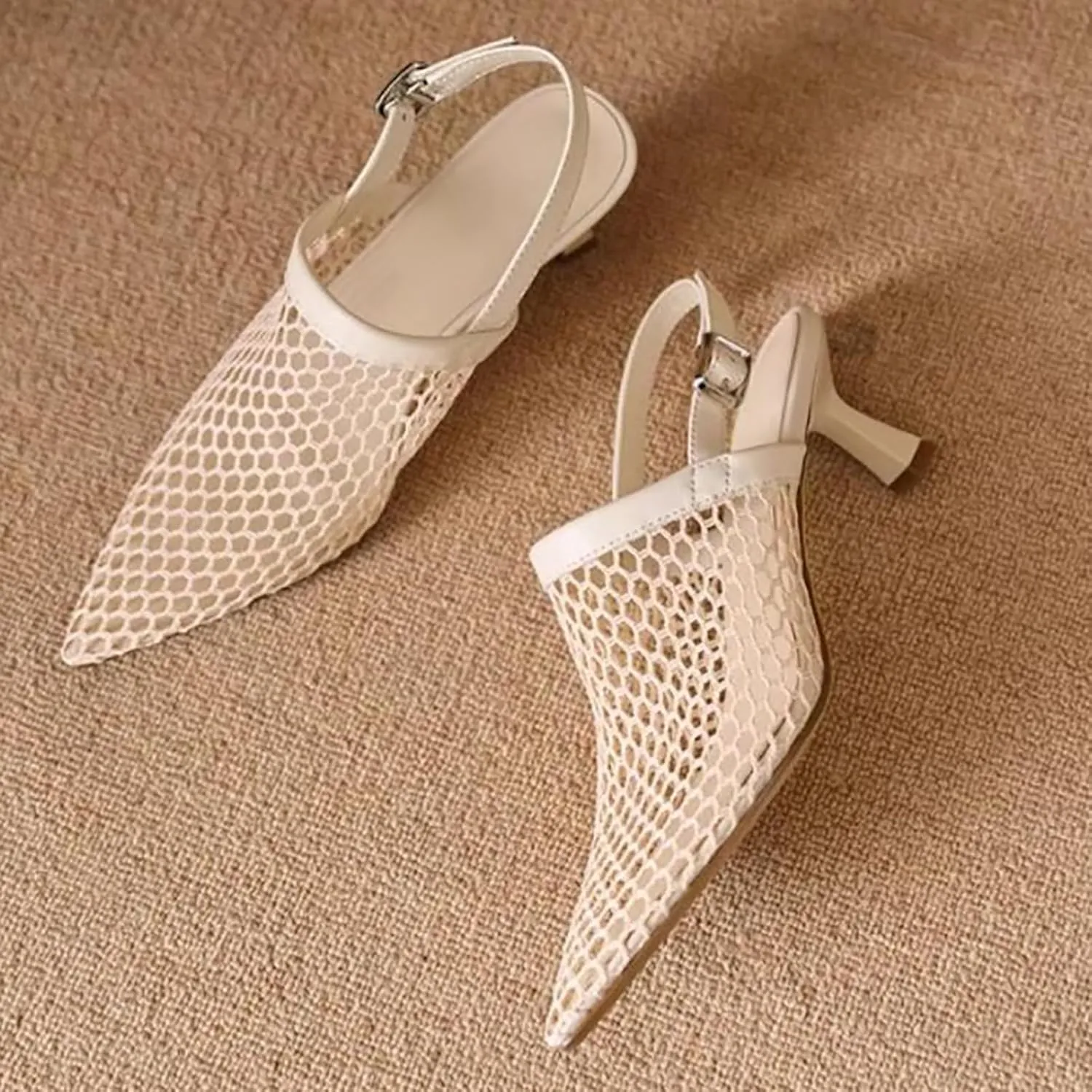 Women'S Mesh Hollow Out Kitten Heel Sandals with Adjustable Ankle Strap Sexy Closed Pointed Toe Slingback Low Heel Pumps Wedding Work Dress Shoes