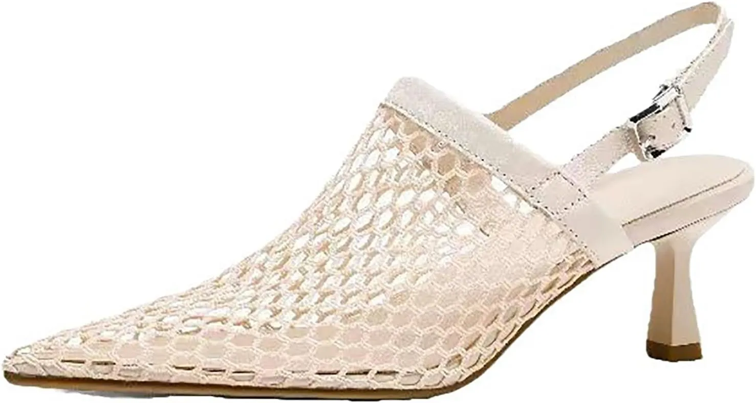 Women'S Mesh Hollow Out Kitten Heel Sandals with Adjustable Ankle Strap Sexy Closed Pointed Toe Slingback Low Heel Pumps Wedding Work Dress Shoes