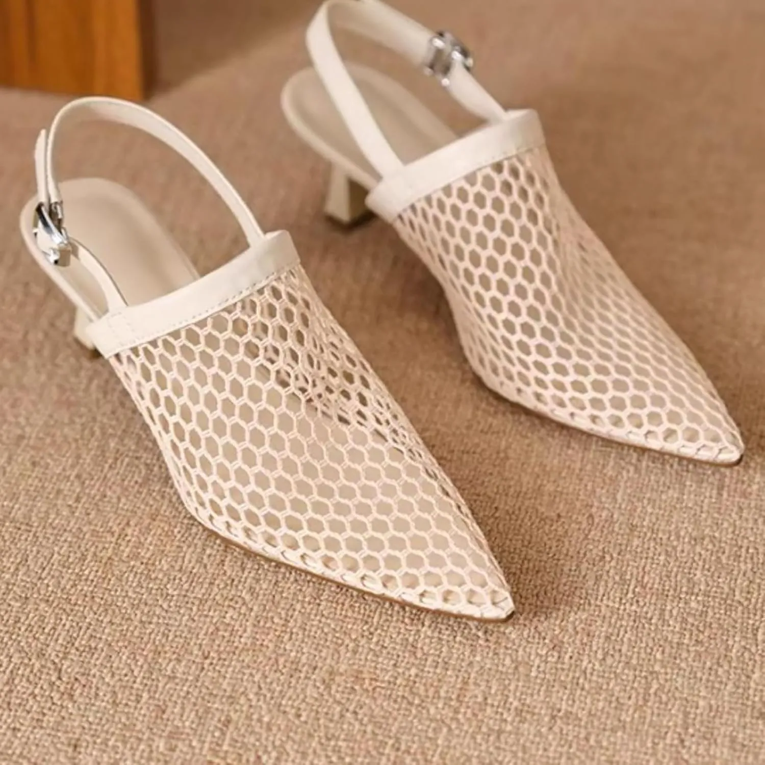 Women'S Mesh Hollow Out Kitten Heel Sandals with Adjustable Ankle Strap Sexy Closed Pointed Toe Slingback Low Heel Pumps Wedding Work Dress Shoes