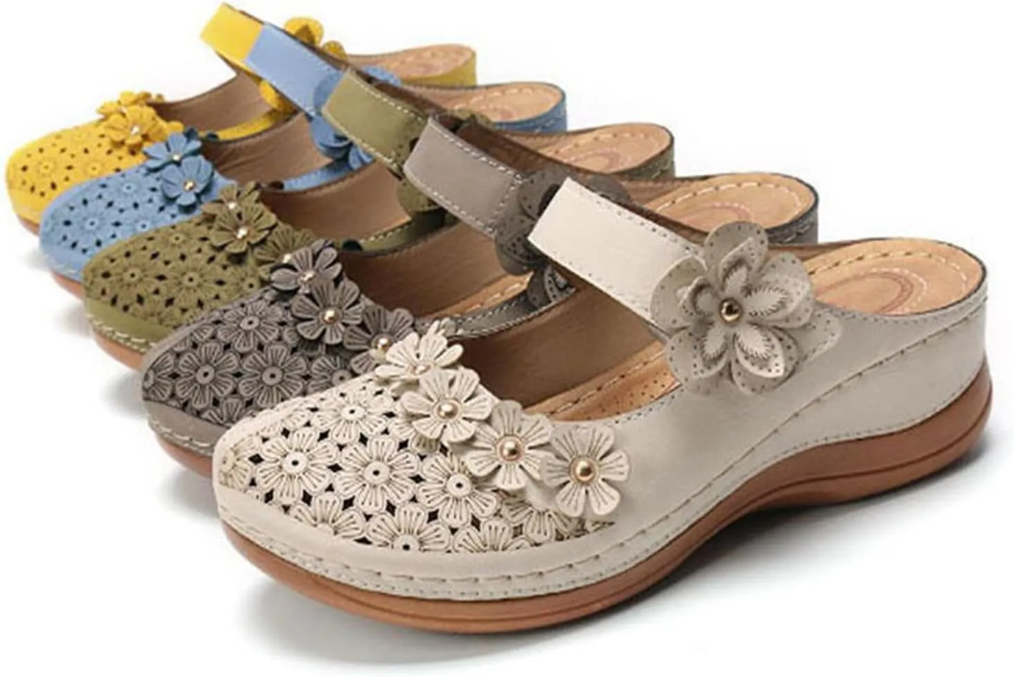 Womens Mule Closed Toe Slip On Clogs Mules Shoes for Women Dressy Summer Casual Wedge Sandals with Adjustable Hook Loop Comfortable Low Heel Orthopedic Sandal Round Head Anti-Slip Soft Bottom Footwear