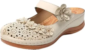 Womens Mule Closed Toe Slip On Clogs Mules Shoes for Women Dressy Summer Casual Wedge Sandals with Adjustable Hook Loop Comfortable Low Heel Orthopedic Sandal Round Head Anti-Slip Soft Bottom Footwear
