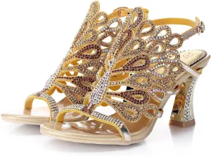 Women's Rhinestone Peacock Patterned Handmade Sandals with Chunky Heel
