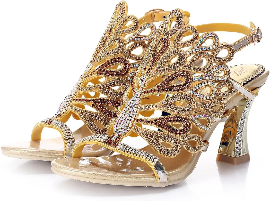 Women's Rhinestone Peacock Patterned Handmade Sandals with Chunky Heel