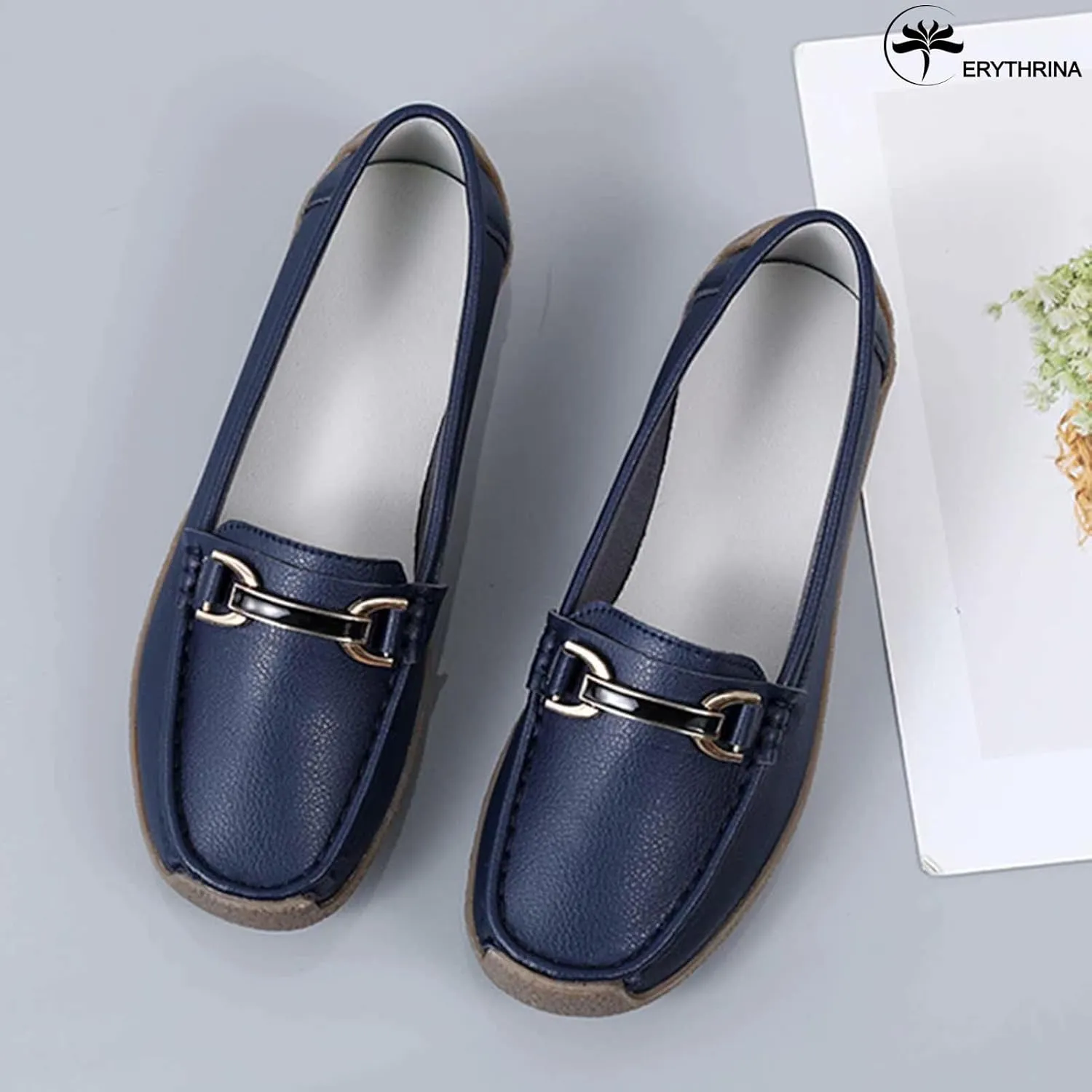 Women's Slip On Flats Loafers Leather Moccasins Walking Shoes Driving Penny Loafer with Anti-Slip Rubber Sole