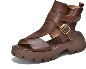 Women's Vintage Leather Platform High Top Open Toe Sandals,Fashion Hollow Side Zipper Chunky Heel Gladiator Sandals,Summer Outdoor Casual Beach Athletic Sandal