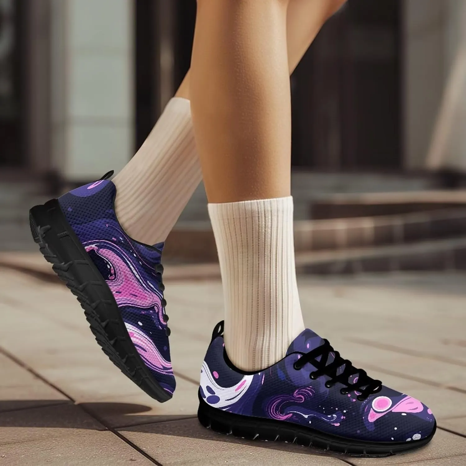 Womens Walking Shoes Non Slip Gym Workout Sneakers Popular Lace-Up Lightweight Comfort Cushion Shoes for Outdoor Size 5-12 Black Sole